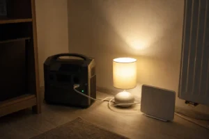 Bateriová stanice napájí lampu a domácí router při výpadku proudu