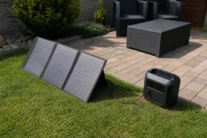 Solární panel připojený k bateriové stanici