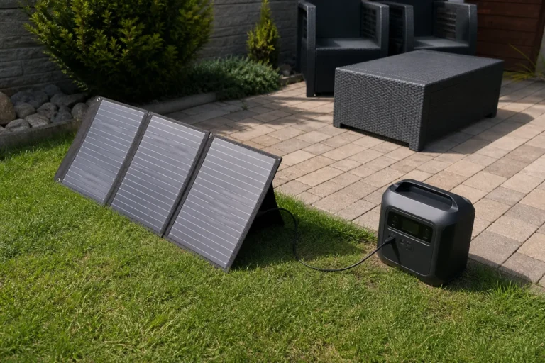 Solární panel připojený k bateriové stanici